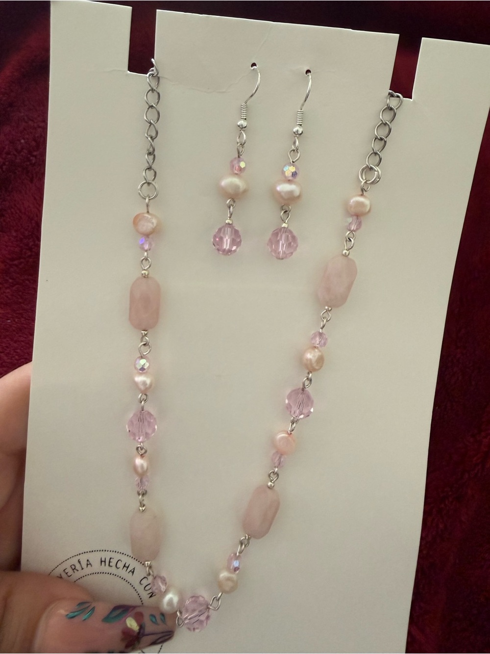 Handmade Pink Beaded Necklace & Earrings Set